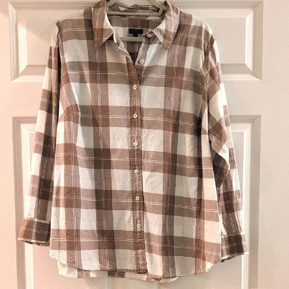 Talbot's Plus Size Tan & White Plaid Metallic Stripe Button-Up Shirt Size 2X